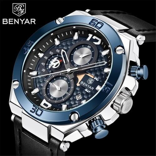 BENYAR New Brand Fashion Luxury Mens Watch Waterproof Leather Chronograph Military Quartz Watch Sports And Leisure Watch Reloj
