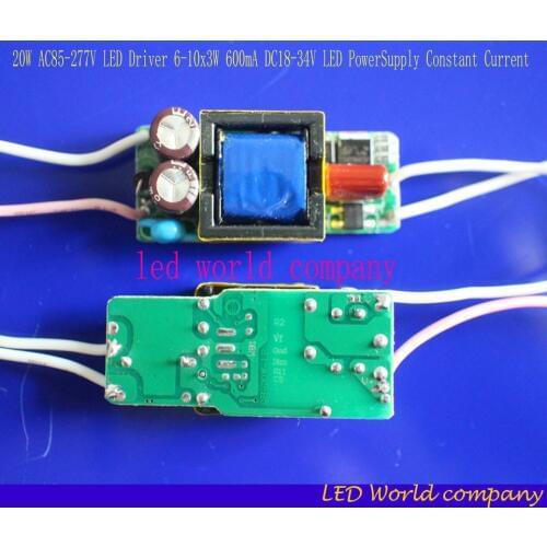 Free shipping 5pcs Isolation 20W AC85-277V LED Driver 6-10x3W 600mA DC18-34V LED PowerSupply Constant Current LED Bulb Lamp