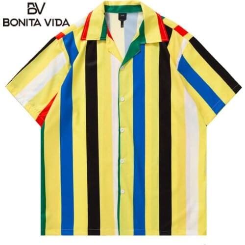 Bonita Vida Hip Hop Stripe Printed Beach Shirts Men Summer Short Sleeve Casual Button Down Hawaiian Shirts For Men