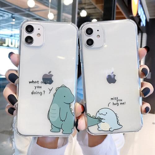 Funny Cartoon Dinosaur Lover Couple Case for iphone 12 Mini 11 Pro Max XR Xs X 8 7 6s Plus Soft Transparent Phone Cover