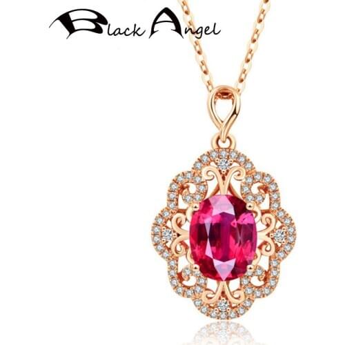 BLACK ANGEL 18K Rose Gold Luxury Ruby Pigeon Blood Red Tourmaline Gemstone Pendant Necklace For Women 925 Silver Wedding Jewelry