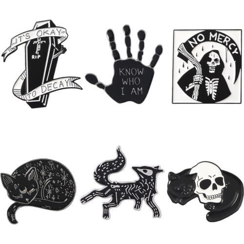Black Punk Coffin Grim Reaper Magic Sorcerer cat Skull Hand Palm Enamel Pins Lapel Brooches Badges Wholesale Pin Gothic Jewelry
