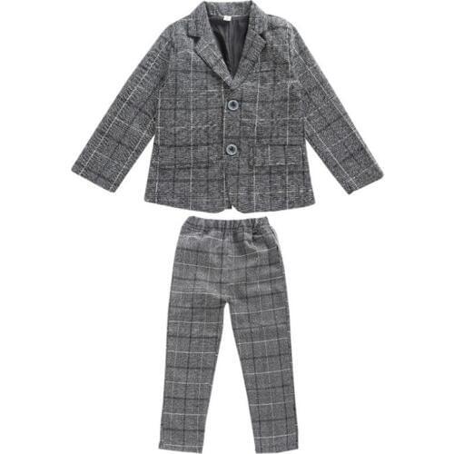DFXD 2019 Spring Boy Set High Quality Big Boys Formal Long Sleeve Plaid Blazer Coat+Long Pant 2pc Party Clothing Set For 4-12Yrs