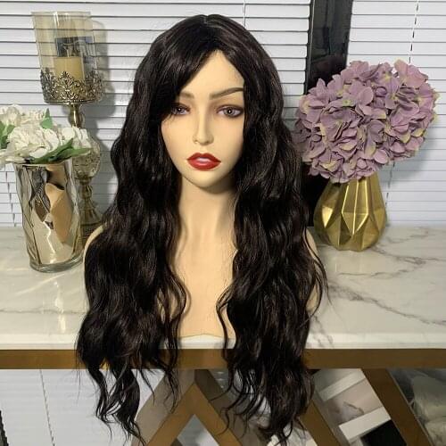 Long Water Wavy Natural Black Synthetic Full Machine Made Wig For Women with Bangs 22 Inches Heat Resistant Fiber Daily Use Hair