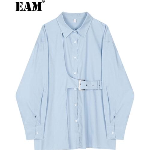 [EAM] Women Big Size Asymmetrical Buckle Blouse New Lapel Long Sleeve Loose Fit Shirt Fashion Tide Spring Autumn 2021 1DD4238