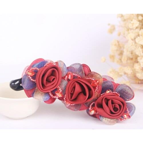 Cloth Rose Banana Hair Clip Elegant Ladies Flower Hairgrips Headmade Crystal Floral Hairpins Wedding Headpiece Hair Accessories