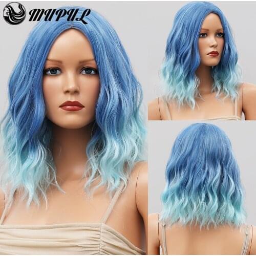Cosplay Blue Ombre Short Wave Nutural Hair Synthetic Wigs For White Women Heat Resistant Female Daily Wavy Fiber Colored Wig