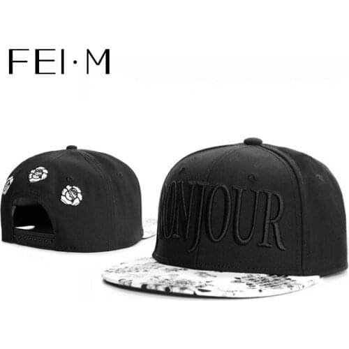 FEI M Fashion BONJOUR Adjustable Snapback Cap Baseball Cap Black White Flower Outdoor Adult Casual Sports Girls Sun Hat 6