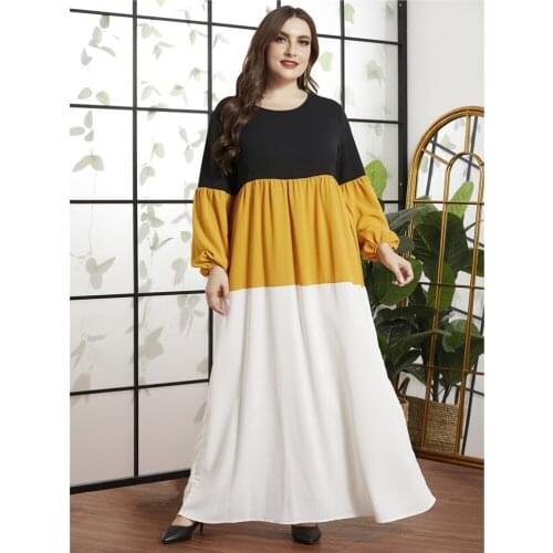 Muslim Color Block Patchwork Long Dress Patchwork Maxi Robe For Women Ladies Casual Loose Plus Size Middle East Ramadan Islamic
