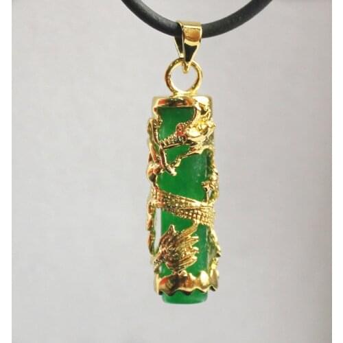 Wholesale/retail beautiful Chinese Wind Cylinder green natural stone +18KGP Dragon Pendants Necklace