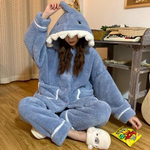 Fdfklak Pyjama Femme Cute Cartoon Home Clothes Thicken Flannel Winter Pajamas Women Hooded Warm Velvet Sleepwear Pijamas Set