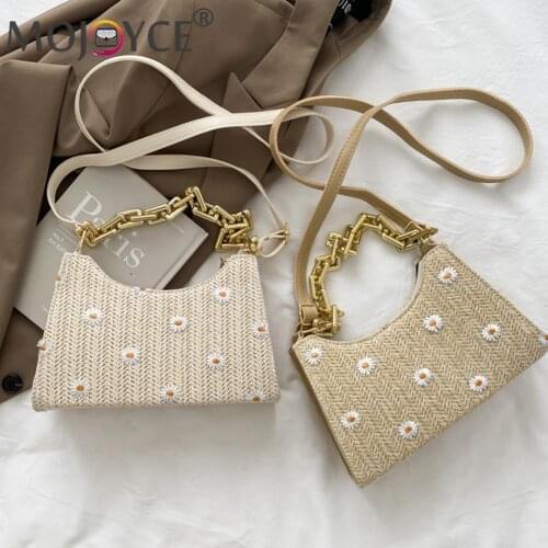 Casual Mesh Lace Flower Zipper Handbags Fashion Straw Woven Shoulder Underarm Womens Bag with Thick Arcylic Chain Handle