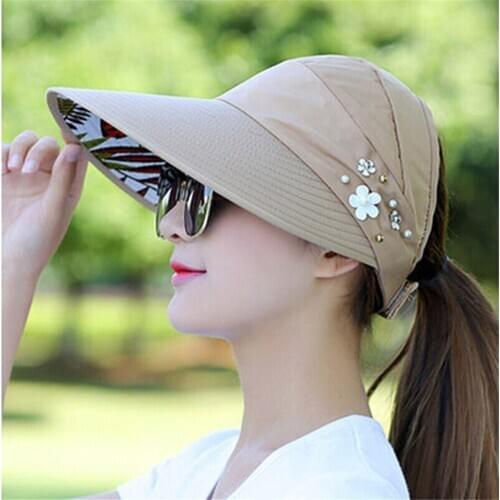 2020 Summer Hat women beach Sun Hats pearl packable sun visor hat with big heads wide brim UV protection female cap