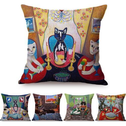 Nordic Vintage Style Cat Family Party Colorful Oil Painting Art Car Decorative Cushion Cover Couple Cat Animal Throw Pillow Case
