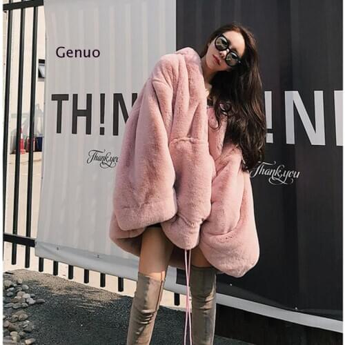 Winter Women Faux Fur Thick Warm Long Hoodies Female Fashion Style Hooded Pink Sweatshirt