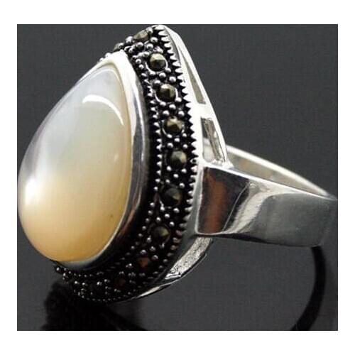 Unsex 25 * 20mm RARE NATURAL WHITE SHELL GEMS MARCASSITE 925 STERLING SILVER RING SIZE 7/8/9/10