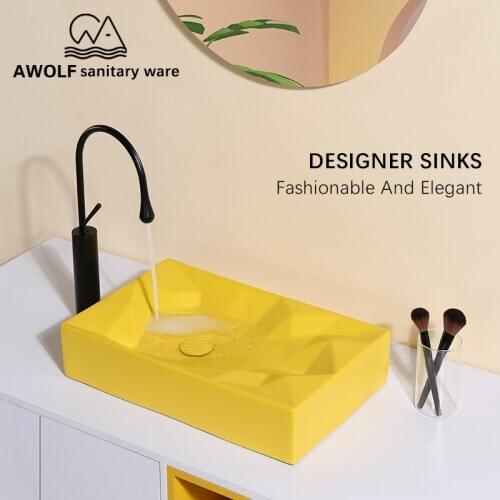 Bathroom Sinks Ceramic Vessel Geometric Design Washing Basin Bowl Matte Yellow Above Counted With Drain Soft Hose Modern AM926