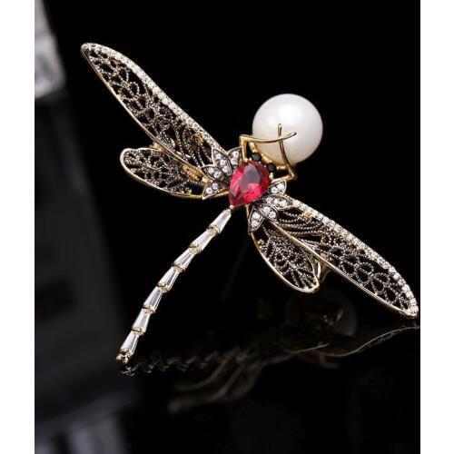 Okily Gorgeous Crystal Dragonfly Brooch AAA Zircon Animal Brooches With Pearl Women Clothes Scarf Accessories