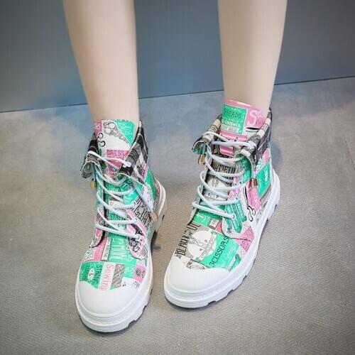 Woman Platform PU Ankle Boots Dropshipping Spring Women High Top Flat Sneakers Letter Graffiti Harajuku Lace Up Casual Shoes