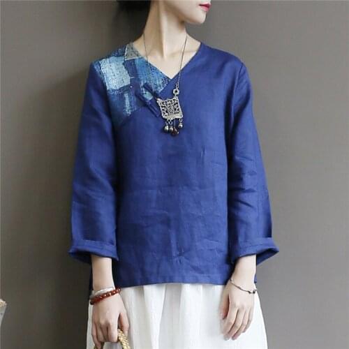 Johnature Women Retro Patchwork Long Sleeve T-Shirt 2021 Spring Summer New V-Neck Cotton Linen Print All-match Women T-Shirts