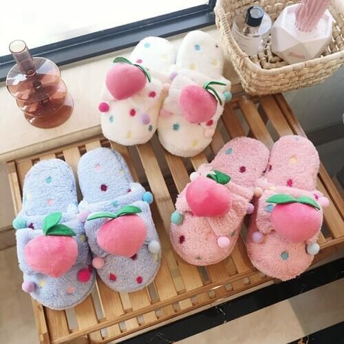 2021 Winter Home Slippers Women Flat Shoes Indoor Warm Slippers Cute Peach Anti-Slip And Silent Wave Point Woman Shoes