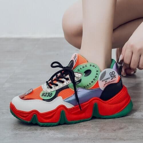 2020 New Stylish Woman Shoes Split Leather 4CM High Heel Sneakers Women Platform Breathable Sports Walking Girls Big Size 41 42