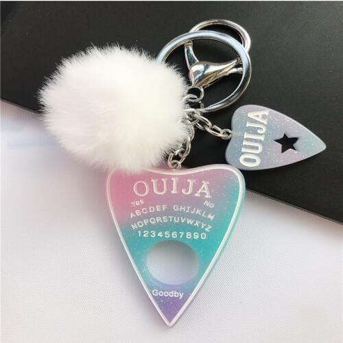 1PC Women Keychain Fashion Glitter Ouija Planchette Board Flatback Resin Charms Handbag Keyring with Puffer Ball