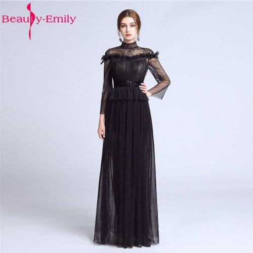 Beauty-Emily Sexy Long Lace Black Evening Dresses Floor-Length Sweep Zipper Formal Party Muslim Dresses vestido de noite
