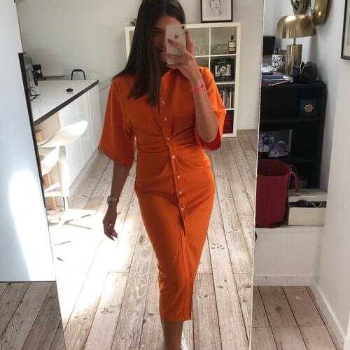 ZLDRESS Women Chic Fashion Button-up Draped Midi Shirt Dress Vintage Short Sleeve Side Zipper Female Dresses Vestidos