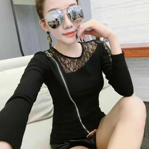 2018 Autumn Pattern Self-cultivation Thin Solid Color Long Sleeve Round Neck Lace Zipper Rendering Unlined Upper Garment