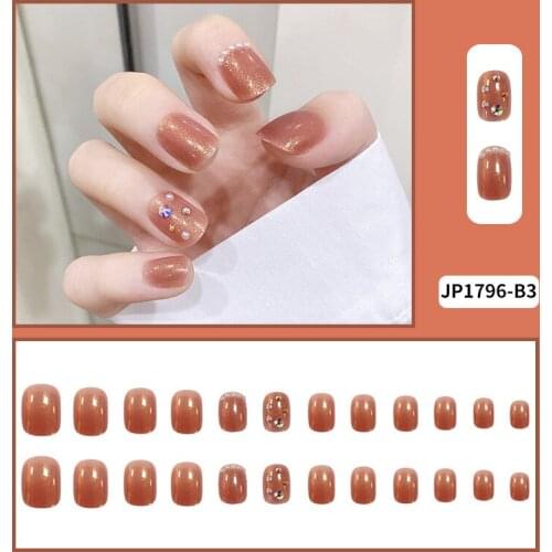 24pcs Milks Tea Color Diamond Wear Long Paragraph Fashion Manicure Patch False Nails Save Time Wearable Jelly Nail Patch