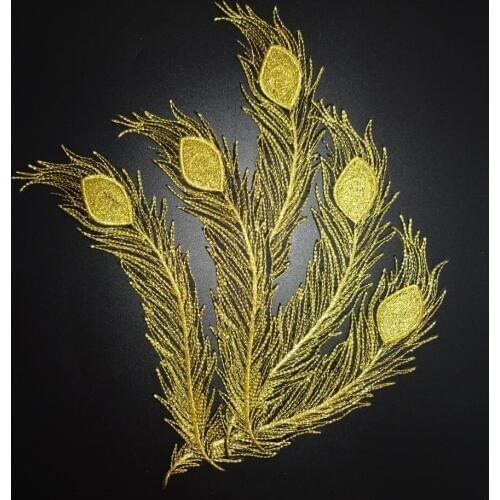 4pcs 23X6CM peacock feather motifs black gold embroidered iron-on patches appliques