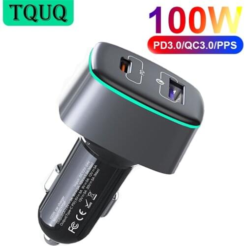 100W USB C Car Charger,2-port PPS/PD 100/65W/45W/30W/20W QC3.0 18W for Xiaomi TYPE C laptop tablet iphone 12 S20/Note 10/20