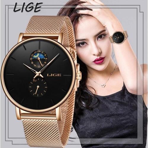 LIGE Womens Watches Top Brand Luxury Waterproof Watch Fashion Ladies Stainless Steel Ultra-Thin Casual WristWatch Quartz Clock