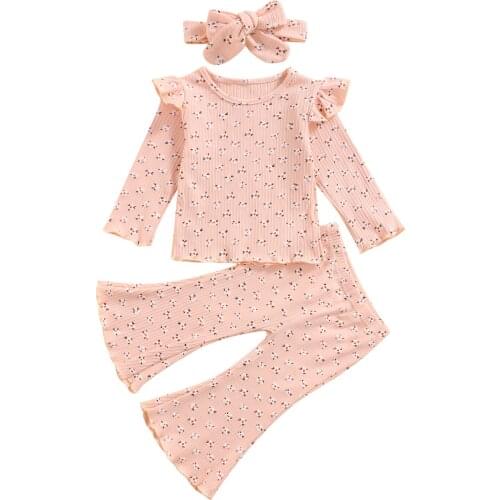 New 2-6Years Three Piece Girl’s Clothes Fashion Flower Long Sleeve T-shirt and Trumpet Pants with Headband Set