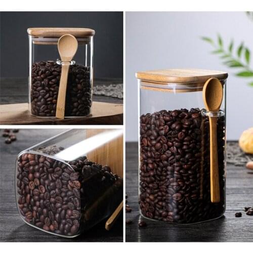 Airtight Food Storage Jar Glass Coffee Bean Spice Sugar Flour Jars Containers with Lids and Wooden Spoon SCIE999