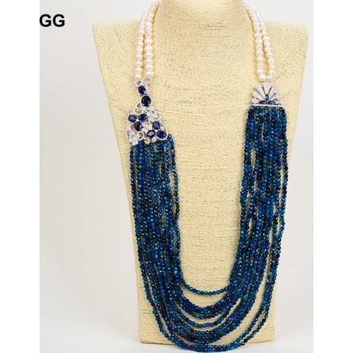 GG Jewelry 31" White Pearl Blue Agate Necklace CZ Pendant