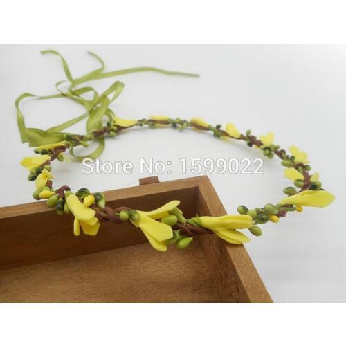 Bridal Halo Headpiece Yellow Foam Flowers Forehead Headbands Handmade Simple Green Pip Berry Hair Accessories for Toddler Girls