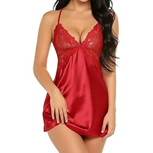Lace Deep V Nightdress Women Hot European And American Lace Deep V Sexy Satin Lingerie Charming Multicolor Nightdress