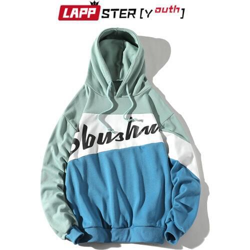 LAPPSTER-Youth Men Patchwork Harajuku Hoodies 2020 Spring Mens Japan Fashions Hooded Hoodies Grey Oversized Casual Clothing