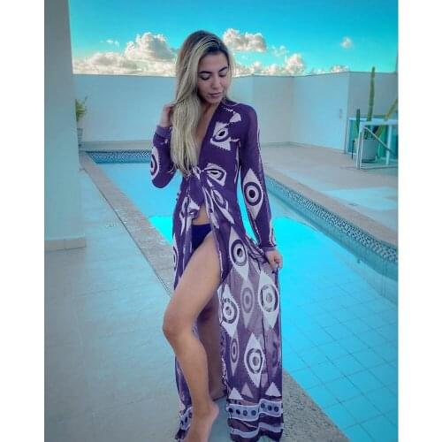 Soft Fabric Wrinkle-free Blue Eyes Chiffon Belted Summer Beach Dress Tunic Sexy Short Sleeve Women Beachwear Wrap Dresses