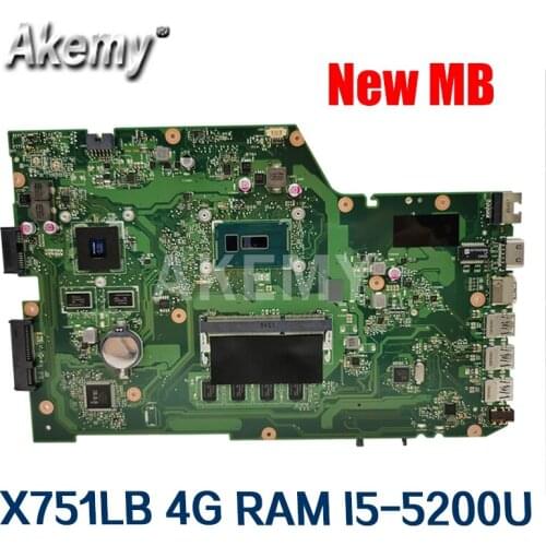Akemy X751LB Mainboard For Asus X751LJ X751LB A751L X751L Laptop motherboard I5-5200U 4GB-RAM GT920M EDP screen