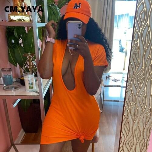 CM.YAYA Women Mini Dress Solid Short Sleeve Low V-neck Stretchy Bodycon Pencil Dresses Sexy Nigh Clubwear Summer Outfits 2021