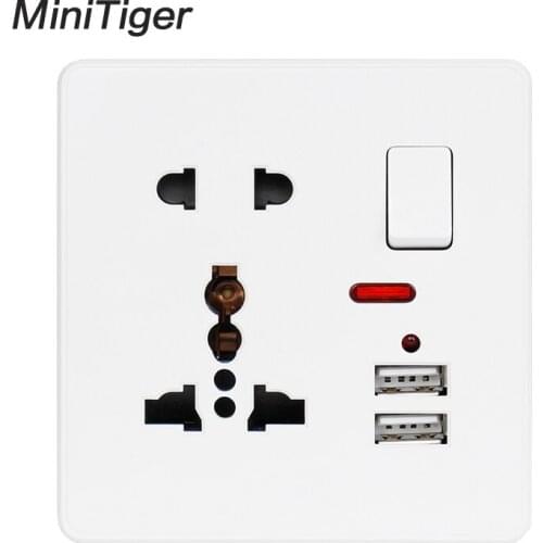Minitiger Wall Power Socket 13A Universal 5 Hole Switched Outlet 2.1A Dual USB Charger Port LED indicator