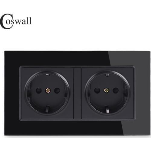 Coswall Wall Glass Panel 16A EU Russia Spain Double Socket Grounded With Children Protective Door Black Color 146*86mm