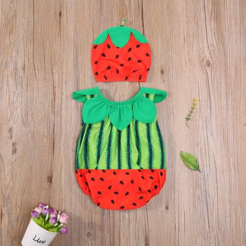 2021 New Children Swimsuit Little Princess Girl Cute Sleeveless Watermelon Print Round Neck Swimsuit + Swimming Cap