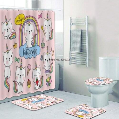 Girl Room Gift Cute Rainbow Cat Unicorn Shower Curtain Bathroom Curtain Funny So Meowgical Kitten Bath Mat Rug Carpet for Toilet
