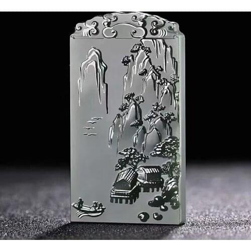 Slashing Cyan Green jade Amulet Carven landscape Scape Pendant Hanging Two Side Totem Decorations