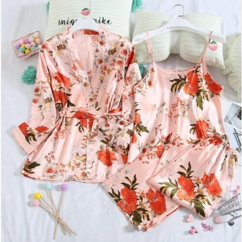 Spring Autumn New Home Clothing 3pcs Pajamas Suit Satin intimate Lingerie Casual Pink Print Flower Sexy Homewear Nightwear