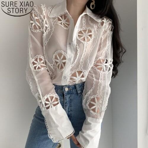 2021 Spring Hollow Out Tops White Lace Blouse Floral Embroidery Shirt Plus Size Sexy See Through Long Sleeve Shirt Blusas 13369